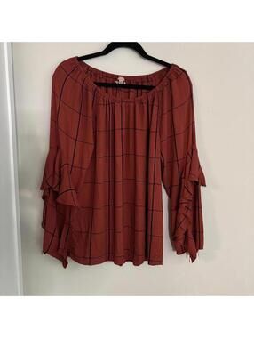 Gibson Latimer Orange Plaid Off The Shoulder Boho Ruffle Sleeve Blouse Top Shirt
